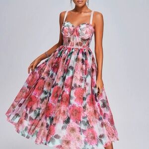 Elegant Floral Midi Dress in Pink and Green